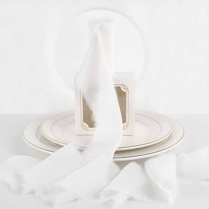 MEEDEE White Chiffon Ribbon 3 Inch White Fringe Ribbons Chiffon Silk Frayed Edge Ribbon Wide Chiffon Ribbons for Crafts Flower Bouquet Wedding Favors Wrapping 2 Rolls 10 Yards