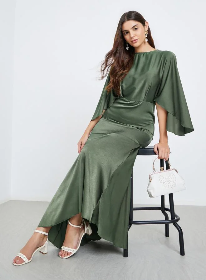 Styli Styli Women Green Satin Maxi Dress with Draped Sleeves