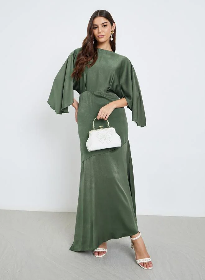 Styli Styli Women Green Satin Maxi Dress with Draped Sleeves