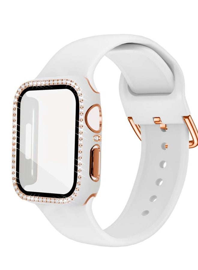 BandSmith Compatible with Bling Apple Watch Band 38mm 40mm 41mm 42mm 44mm 45mm for Women, Soft Silicone Strap with Glitter Diamond Case + Glass Screen Protector for iWatch Series 9 8 7 6 5 4 3 2 1 (40mm, White) - Image 1