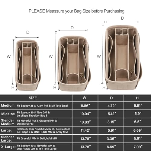 ZTUJO Purse Organizer Insert, Felt Purse Organizer with Zipper and Sewn Bottom Insert, Fit Speedy Neverfull Graceful,6 Sizes (Large, Beige) - Image 3