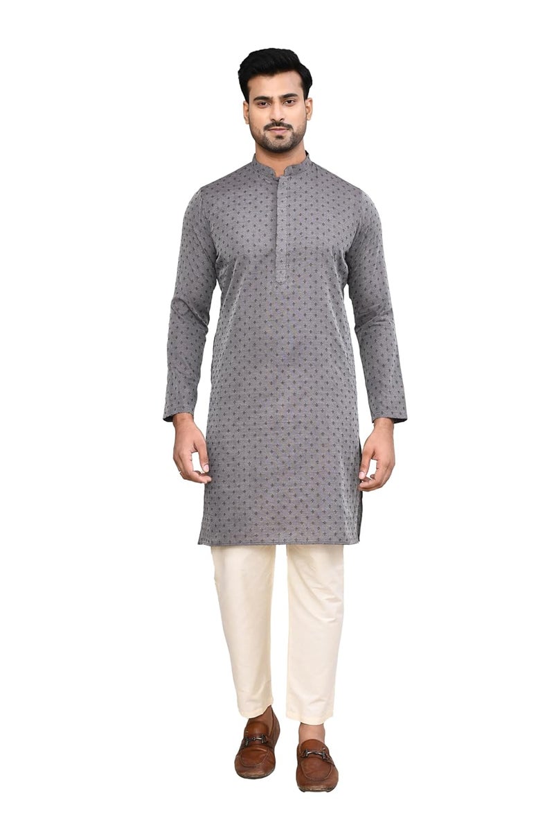 Polyfab Hathkargha Men's Art Silk Designer Printed Kurta Pyjama Set with Mandarin Collar and Full Sleeves - Image 1