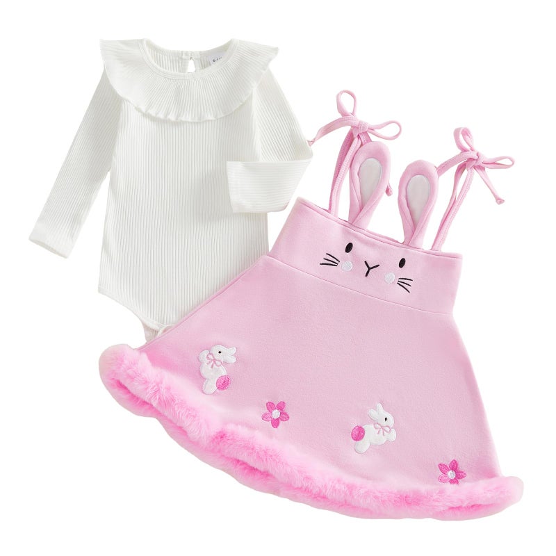 Socutebabe My First Easter Baby Girl Outfit Newborn Ruffle Knit Romper Fleece Bunny Skirt Dress Outfits Toddler Clothes (Bunny Pink, 12-18 Months) - Image 1