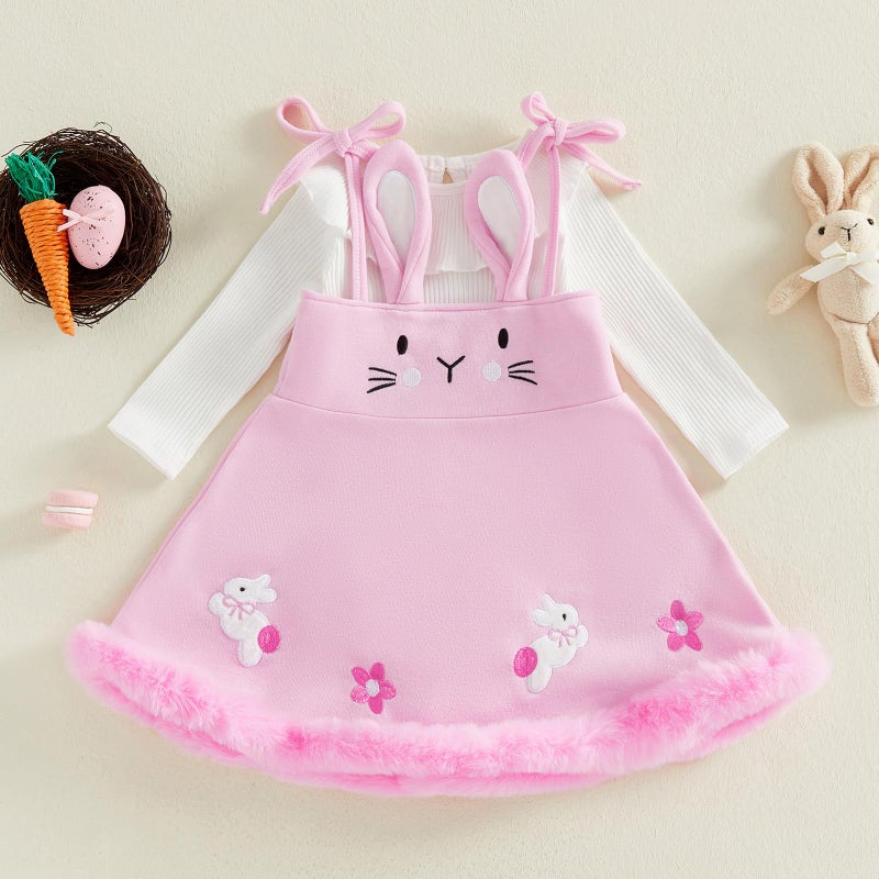 Socutebabe My First Easter Baby Girl Outfit Newborn Ruffle Knit Romper Fleece Bunny Skirt Dress Outfits Toddler Clothes (Bunny Pink, 12-18 Months) - Image 2