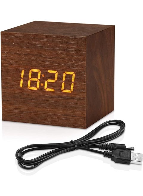 Wooden Digital Alarm Clock Led Table Clock With 3 Alarm Settings 12 24Hr Snooze Brightness And Voice Control Usb Battery Powered Digital Clock For Heavy Sleepers Kids Bedrooms Brown