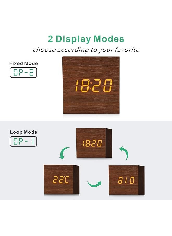 Wooden Digital Alarm Clock Led Table Clock With 3 Alarm Settings 12 24Hr Snooze Brightness And Voice Control Usb Battery Powered Digital Clock For Heavy Sleepers Kids Bedrooms Brown
