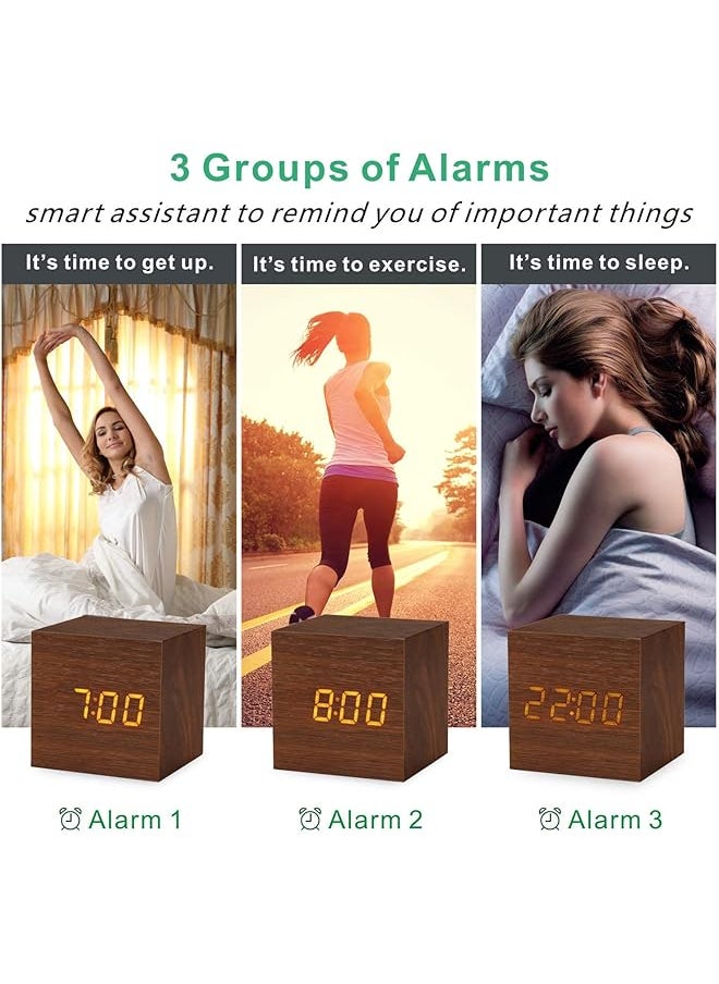 Wooden Digital Alarm Clock Led Table Clock With 3 Alarm Settings 12 24Hr Snooze Brightness And Voice Control Usb Battery Powered Digital Clock For Heavy Sleepers Kids Bedrooms Brown