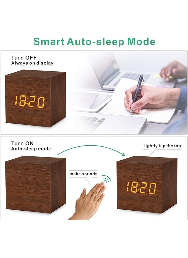 Wooden Digital Alarm Clock Led Table Clock With 3 Alarm Settings 12 24Hr Snooze Brightness And Voice Control Usb Battery Powered Digital Clock For Heavy Sleepers Kids Bedrooms Brown
