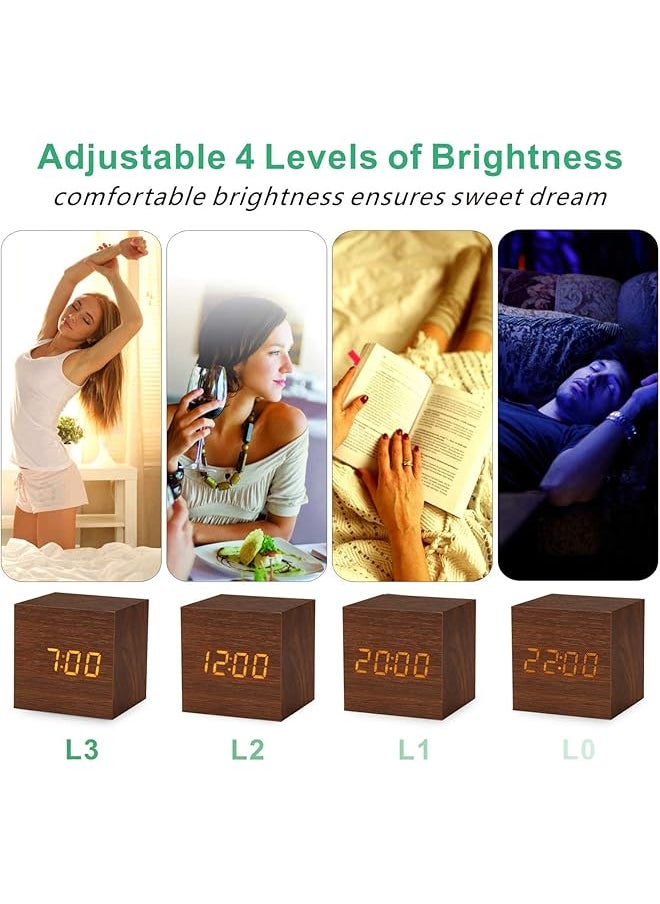 Wooden Digital Alarm Clock Led Table Clock With 3 Alarm Settings 12 24Hr Snooze Brightness And Voice Control Usb Battery Powered Digital Clock For Heavy Sleepers Kids Bedrooms Brown