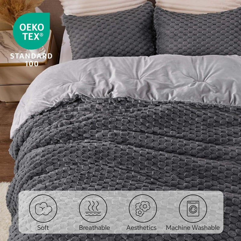 BEDELITE Fluffy Queen Comforter Set - Grey Fleece Soft Comforter for Queen Size Bed, Luxury Warm Bedding Set for Winter, Fuzzy Bed Set 3 Pieces (1 Comforter, 2 Pillowcases) - Image 4