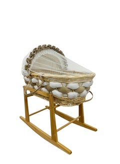 Star Kids Elegant baby cradle (Moses basket) in beige and white with rocking wooden base, mattress and mosquito net  - Image 1