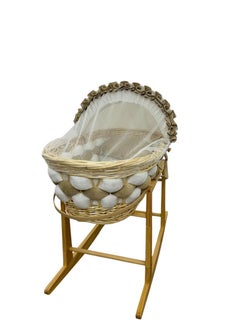 Star Kids Elegant baby cradle (Moses basket) in beige and white with rocking wooden base, mattress and mosquito net  - Image 2