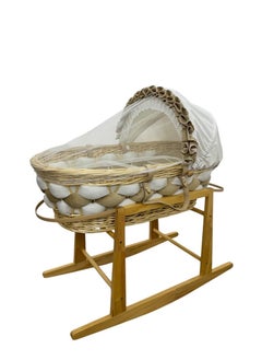 Star Kids Elegant baby cradle (Moses basket) in beige and white with rocking wooden base, mattress and mosquito net  - Image 3