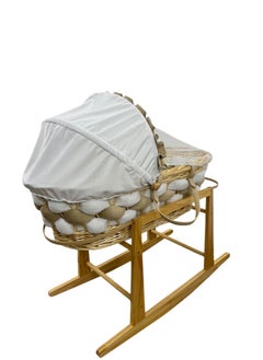 Star Kids Elegant baby cradle (Moses basket) in beige and white with rocking wooden base, mattress and mosquito net  - Image 4