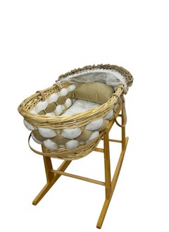 Star Kids Elegant baby cradle (Moses basket) in beige and white with rocking wooden base, mattress and mosquito net  - Image 5