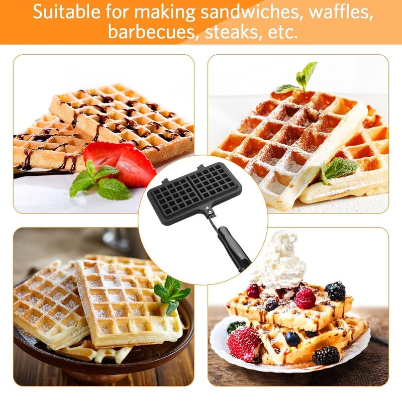 DIKPUL GROUP Waffle Maker Pan Aluminum Dual Head Waffle Baking Mold with Long Handle Double Side NonStick Stovetop Waffle Maker Press Plater Pan Belgian Waffles Sandwich Toaster - Image 4
