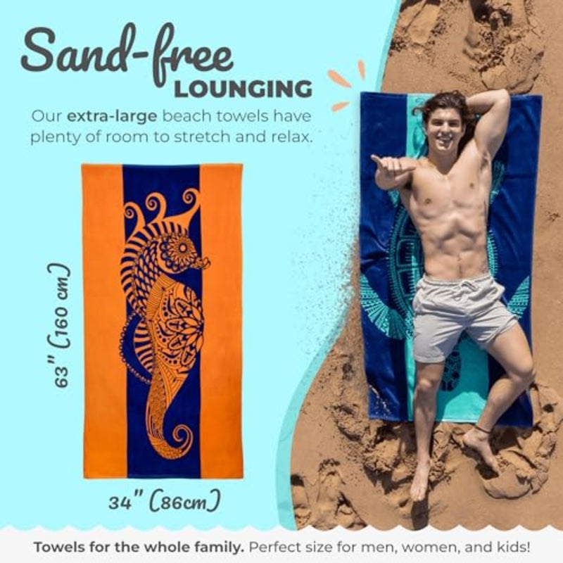 منشفة شاطئ Seahorse باللونين الأزرق والبرتقالي بتصميم استوائي، كبيرة جدًا، XL 34x63 منشفة حمام سباحة نابضة بالحياة ومشرقة وملونة مصنوعة من القطن بنسبة 100% - Image 2