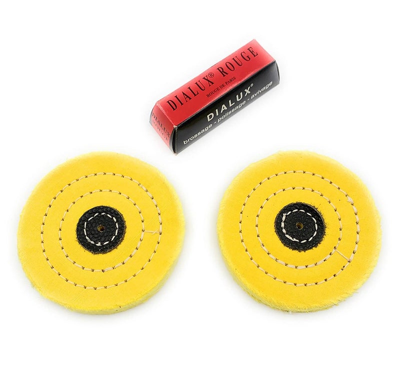 Ceznek Polishing Yellow Muslin Cloth Buff 4 x50 Folds Stitched Buffing Wheel Leather Hub Kit of 2 Red Dialux to Polish Buff GoldSilverMetals for JewelleryHobby Craft for Bench Grinder