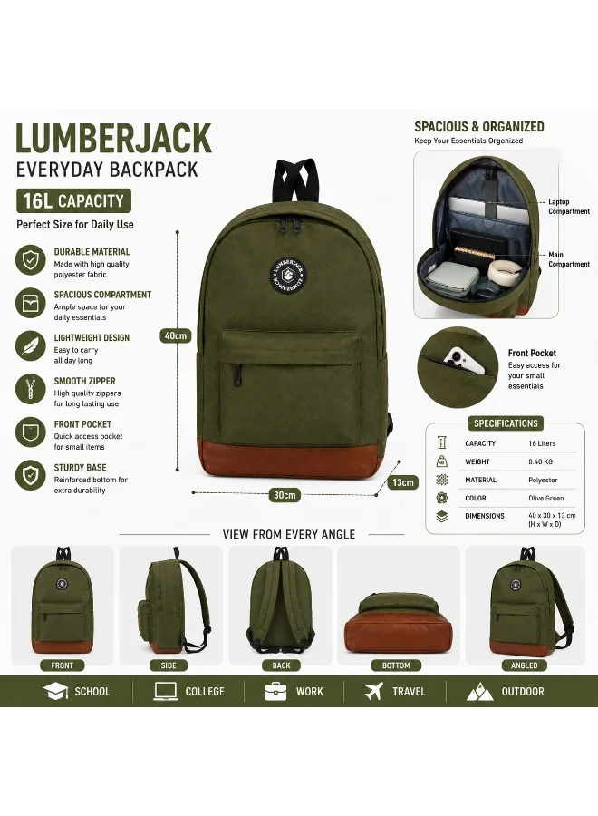 Lumberjack  Lumberjack 16L Backpack for Men & Women, Lightweight Everyday Bag with Laptop Compartment, Front Pocket & Durable Polyester  | Best Price UAE