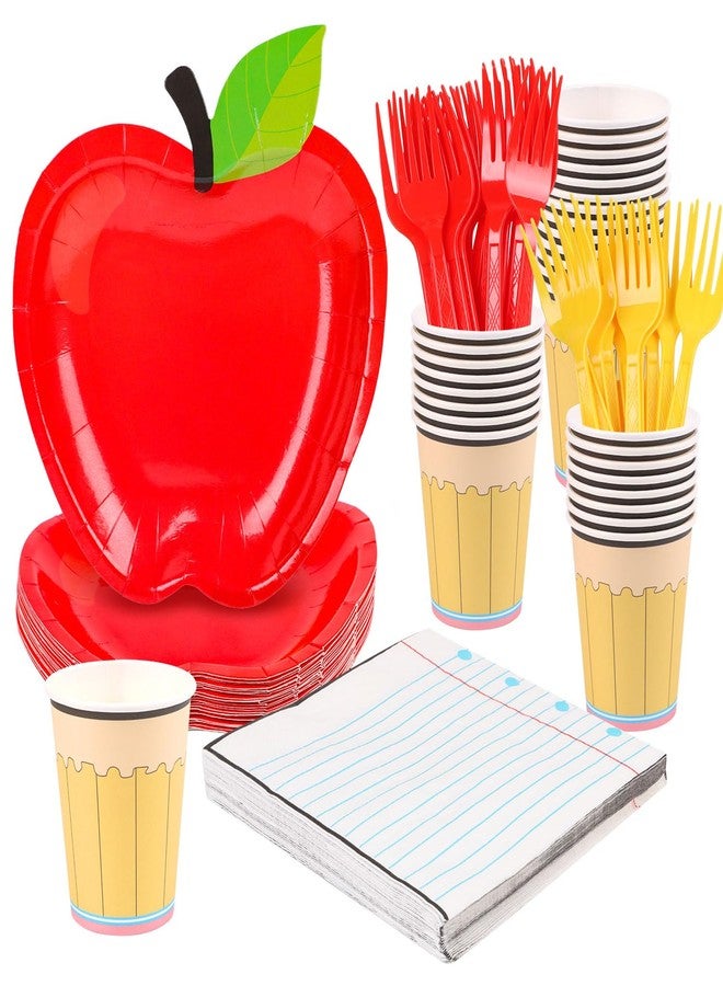 JOFONY 100 PCS Back to School Party Supplies Tableware Set,Serves 25-Disposable Apple Paper Plates, Notebook Napkins，Paper Cup and Forks for Teacher Appreciation Back to School Decorations - Image 1