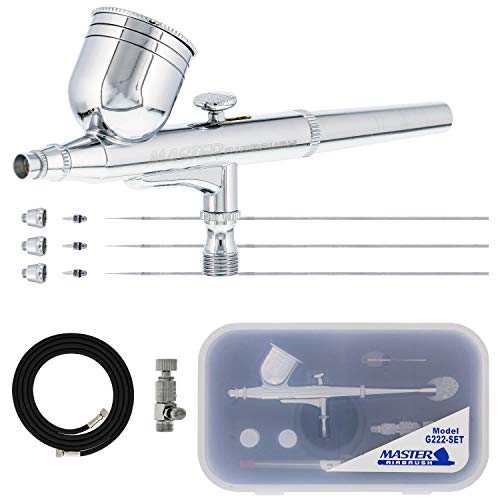 Master Airbrush G222 Multi-Purpose Dual-Action Gravity Feed Airbrush Gun Set for Model Painting, Graphics, Cake & Art - Air Brush Gun Kit with 3 Nozzle Sets (0.2, 0.3, 0.5mm), 1/3 oz Cup & Air Hose - Image 1