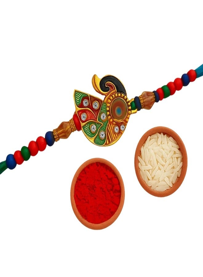 Sage Square Rakhi for Brother, Bhai with Roli Chawal | Raksha Bandhan | Designer Beads, Stones, Decorative Work | Stylish Handcrafted Rakhi Gifting for Sibling Festival Celebration (Type 12) - Image 1