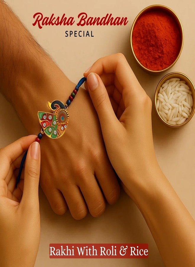 Sage Square Rakhi for Brother, Bhai with Roli Chawal | Raksha Bandhan | Designer Beads, Stones, Decorative Work | Stylish Handcrafted Rakhi Gifting for Sibling Festival Celebration (Type 12) - Image 3