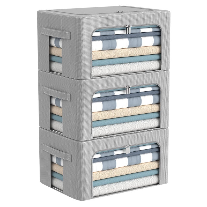 3Pack Frame Storage Box  Clothes Storage Bin Bags Oxford Fabric Foldable Stackable Container Organizer Set with Clear Window  Carry Handles Large Capacity Grey Small22L