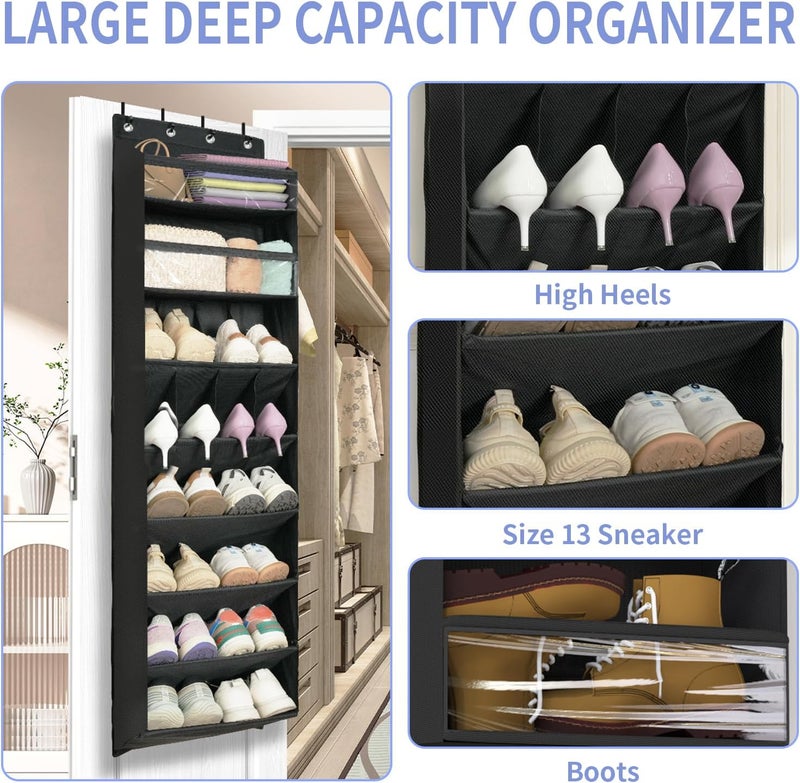 FENTEC Over Door Shoe Storage Organiser 8 Tier Hanging Shoe Rack Storage Organizer for Space Saving, Back of Door Shoes Organiser Deep Pockets with Sturdy Hooks, 1 Pack, Black - Image 3