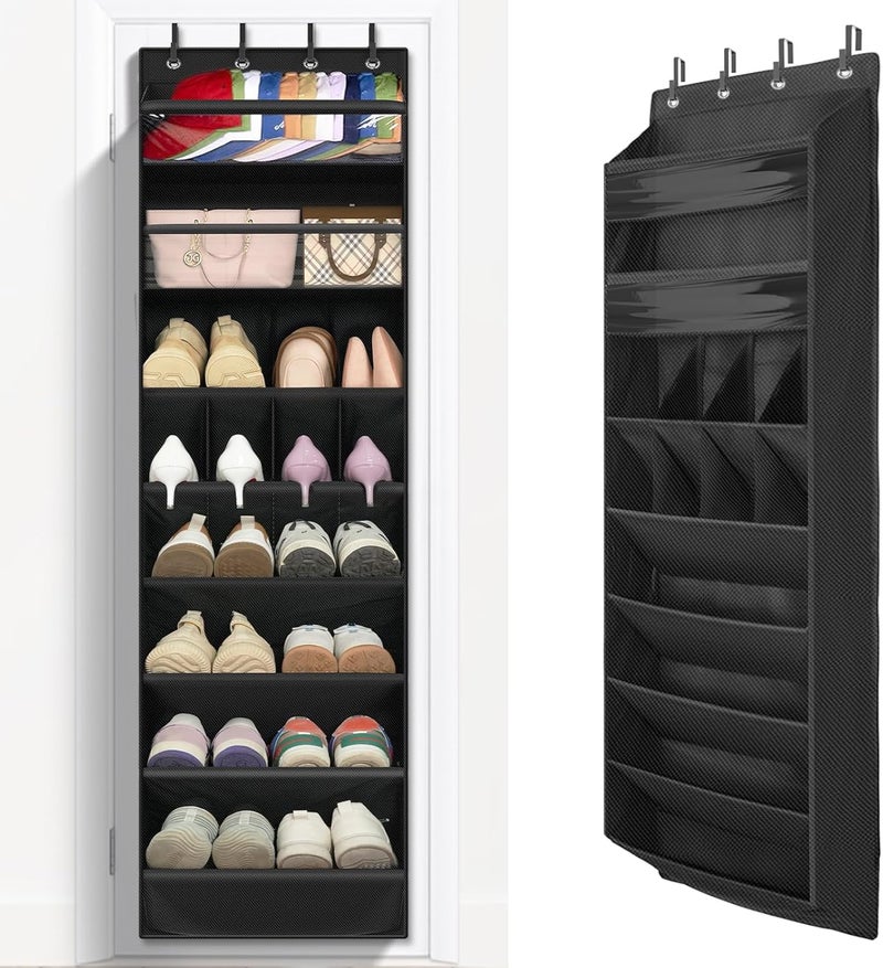 FENTEC Over Door Shoe Storage Organiser 8 Tier Hanging Shoe Rack Storage Organizer for Space Saving, Back of Door Shoes Organiser Deep Pockets with Sturdy Hooks, 1 Pack, Black - Image 1