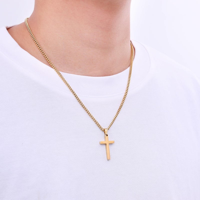 Fiusem Cross Necklace for Men and Women, 14K Gold Plated Mens Cross Necklaces with 3.5mm Cuban Chain, Stainless Steel Small Pendant Chain 20 Inches - Image 4