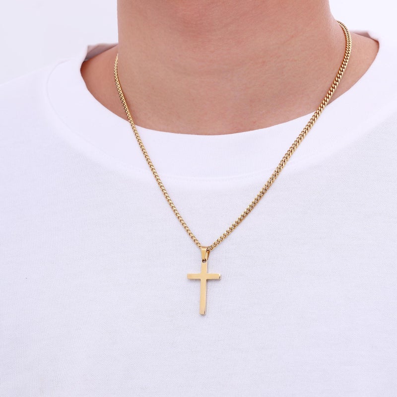 Fiusem Cross Necklace for Men and Women, 14K Gold Plated Mens Cross Necklaces with 3.5mm Cuban Chain, Stainless Steel Small Pendant Chain 20 Inches - Image 3