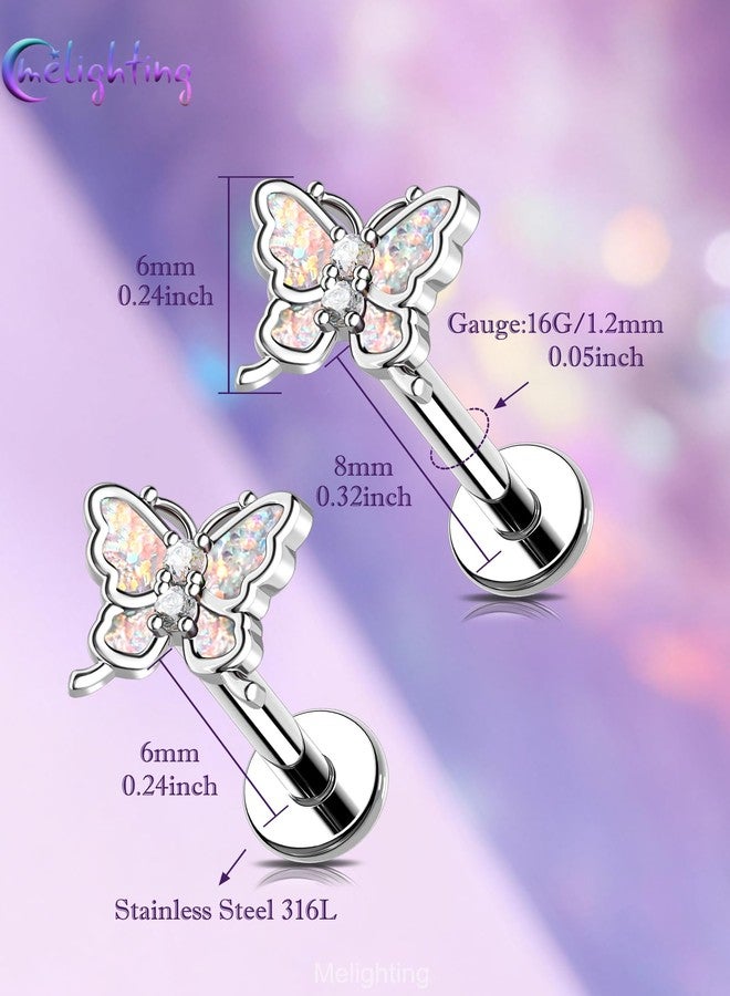 Melighting MeIighting 16G Butterlfy Threadless Helix Stud, Stainless Steel 316L Flat Back Earring, Cartilage Piercing Jewelry Clear CZ Lobe Tragus Piercing for Women 6 mm - Image 2