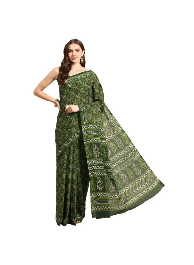 RATAN Pure Cotton Printed Mulmul Saree for Women with Blouse Piece (GDBT-BP-1051-GRN_Green) - Image 1