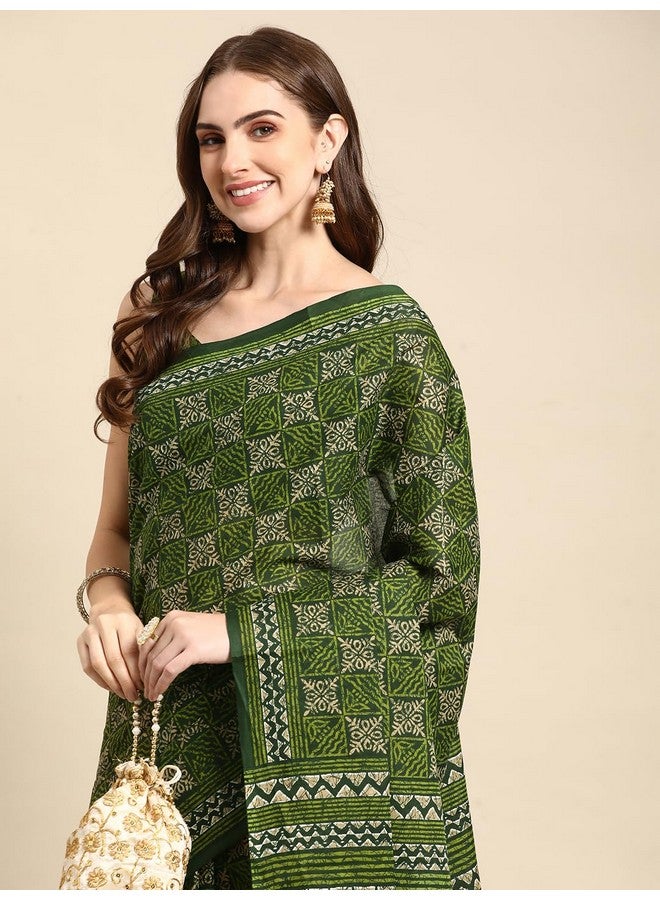 RATAN Pure Cotton Printed Mulmul Saree for Women with Blouse Piece (GDBT-BP-1051-GRN_Green) - Image 3