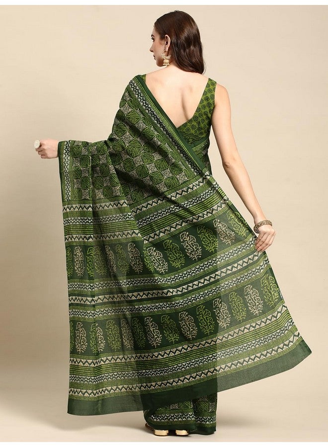 RATAN Pure Cotton Printed Mulmul Saree for Women with Blouse Piece (GDBT-BP-1051-GRN_Green) - Image 2