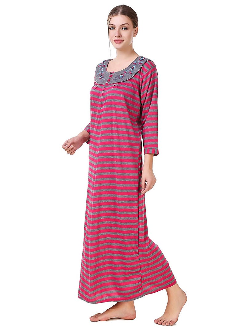 CIERGE New Woolen Winter Fleece Maxi Nighty 3/4 Sleeve For Women(Color-Pink) - Image 3
