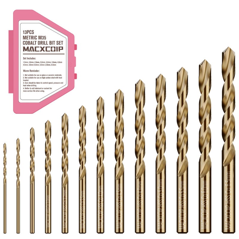 MACXCOIP Metric 13Pcs M35 Cobalt Drill Bit Set, 1.5mm-6.5mm HSS Cobalt Jobber Drill Bits, for Hardened Metals, Stainless Steel, Cast Iron and Wooden Plastics, with Plastic Index Storage Box - Image 1