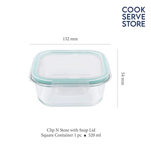 La Opala Cook Serve Store 100% Borosilicate Glass Storage Container | Clip N Store with Air-Tight Snap Lid | Square 520 ml | Microwave & Oven Proof | Dishwasher & Freezer Proof | Transparent - Image 2