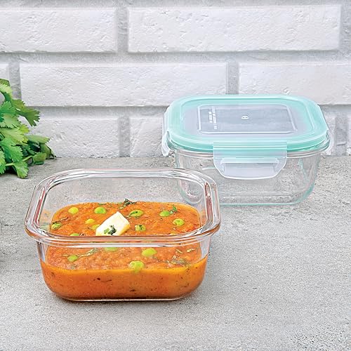 La Opala Cook Serve Store 100% Borosilicate Glass Storage Container | Clip N Store with Air-Tight Snap Lid | Square 520 ml | Microwave & Oven Proof | Dishwasher & Freezer Proof | Transparent - Image 1