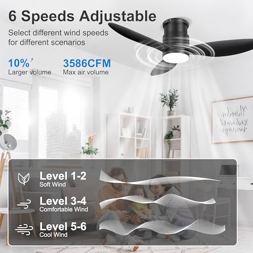 Ohniyou 42'' Flush Mount Ceiling Fans with Lights, Remote/App Control, Dimmable, Quiet Indoor/Outdoor Ceiling Fan for Covered Patio, Bedroom, Kitchen, Black - Image 3
