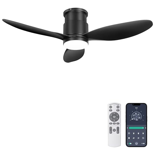 Ohniyou 42'' Flush Mount Ceiling Fans with Lights, Remote/App Control, Dimmable, Quiet Indoor/Outdoor Ceiling Fan for Covered Patio, Bedroom, Kitchen, Black - Image 1