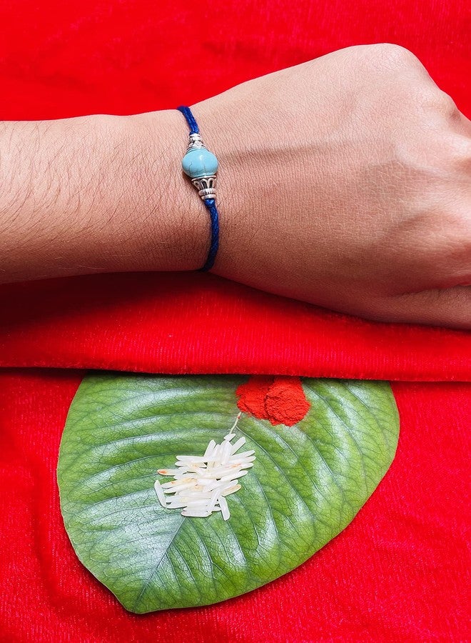 RDK SON'S Designer Stone Rakhi Set for Bhai & Bhabhi | Turquoise Rakhi with Kalwa, Roli Chawal | Raksha Bandhan Gift for Brother - Image 3