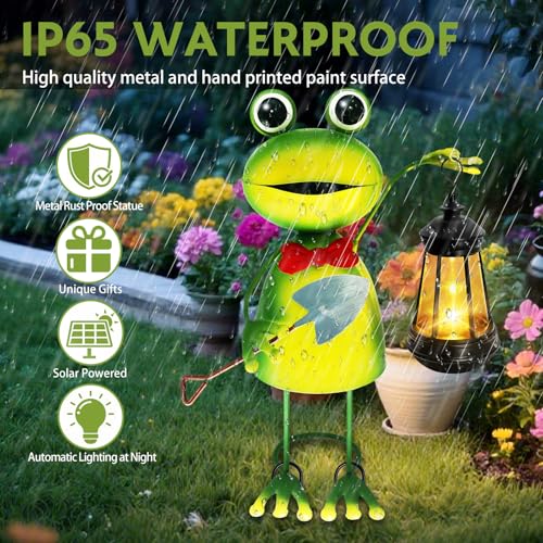 yulloyello Solar Garden Lights Frog Statue with Solar Lantern,13.78in Tall Frog Decor Fairy Accessories,Mothers Day Birthday Gifts for Women Mom Grandma,Big Metal Decorative Stakes for Home Decor,Patio,Yard Art - Image 5
