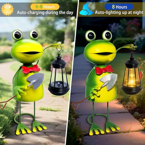 yulloyello Solar Garden Lights Frog Statue with Solar Lantern,13.78in Tall Frog Decor Fairy Accessories,Mothers Day Birthday Gifts for Women Mom Grandma,Big Metal Decorative Stakes for Home Decor,Patio,Yard Art - Image 2