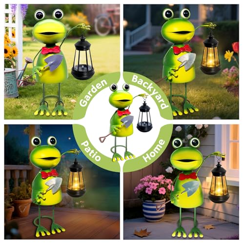 yulloyello Solar Garden Lights Frog Statue with Solar Lantern,13.78in Tall Frog Decor Fairy Accessories,Mothers Day Birthday Gifts for Women Mom Grandma,Big Metal Decorative Stakes for Home Decor,Patio,Yard Art - Image 4