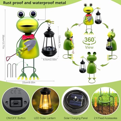 yulloyello Solar Garden Lights Frog Statue with Solar Lantern,13.78in Tall Frog Decor Fairy Accessories,Mothers Day Birthday Gifts for Women Mom Grandma,Big Metal Decorative Stakes for Home Decor,Patio,Yard Art - Image 3