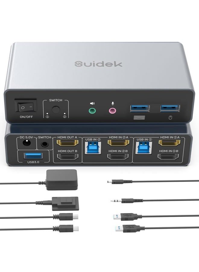 SUIDEK HDMI KVM Switch 2 Monitors 2 Computers, Dual Monitor KVM USB Switcher 4K@60Hz, HDMI Extended/Mirror Display for 2 PC Share 2 Monitors, with 3 USB 3.0 Port, Desktop Controller and 2 USB Cables - Image 1