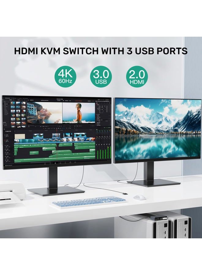 SUIDEK HDMI KVM Switch 2 Monitors 2 Computers, Dual Monitor KVM USB Switcher 4K@60Hz, HDMI Extended/Mirror Display for 2 PC Share 2 Monitors, with 3 USB 3.0 Port, Desktop Controller and 2 USB Cables - Image 3