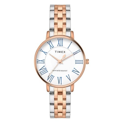 TIMEX Analog Watch for Woman with White Round Dial & Two Tone Stainless Steel Bracelet Band Water Resistant Women's Wrist Watches - TWEL19109 - Image 1